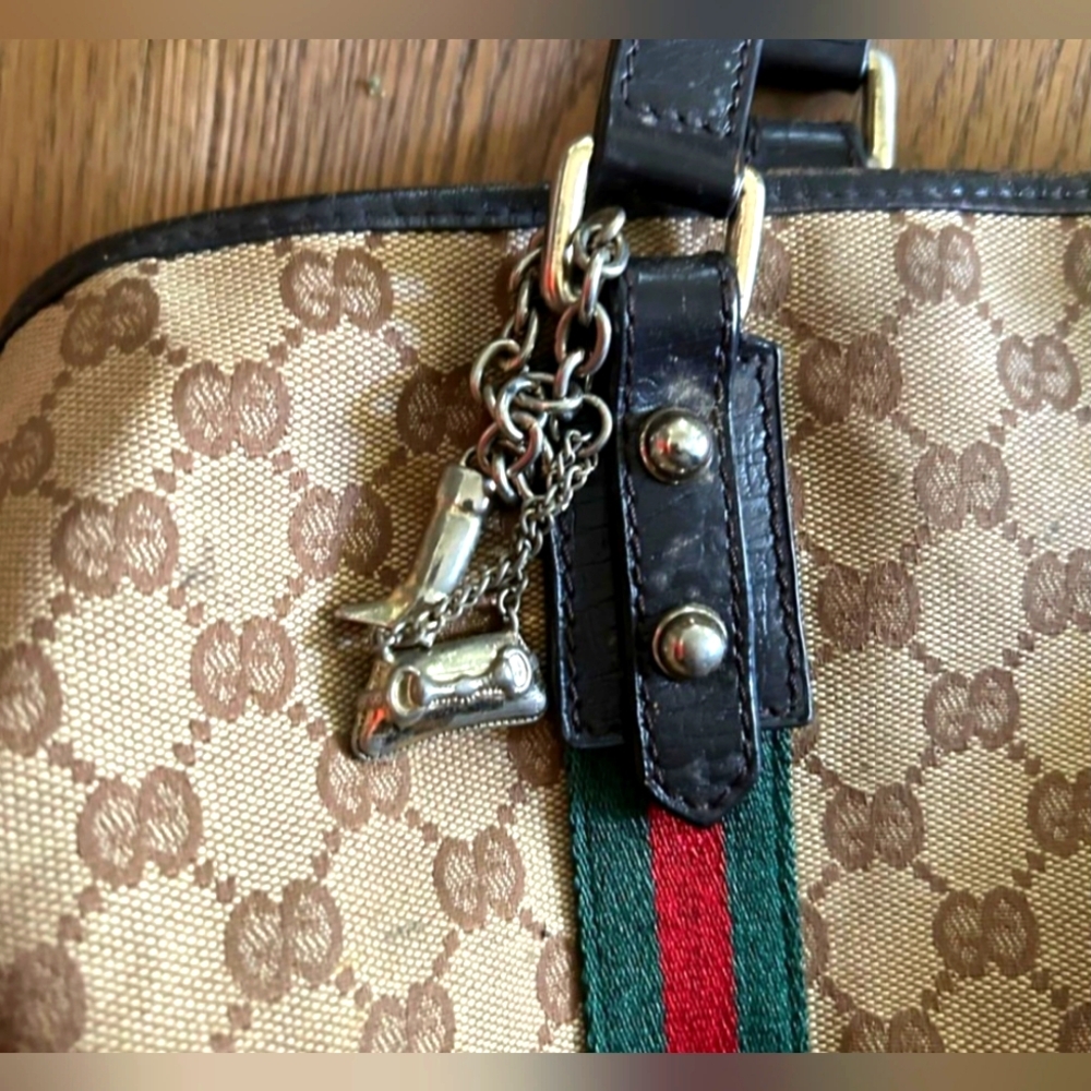 GUCCI Jolicoeur Tote From The Sherry Line With GG Signature Web Stripe Brown/Tan - Picture 3 of 16
